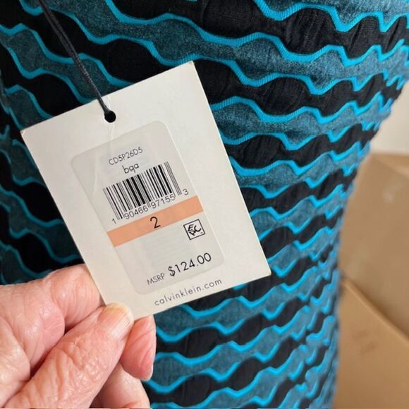 NWT Calvin Klein Stretchy Dress Black and Aqua Geometric Print Lined 2 Back Zip - Picture 5 of 11
